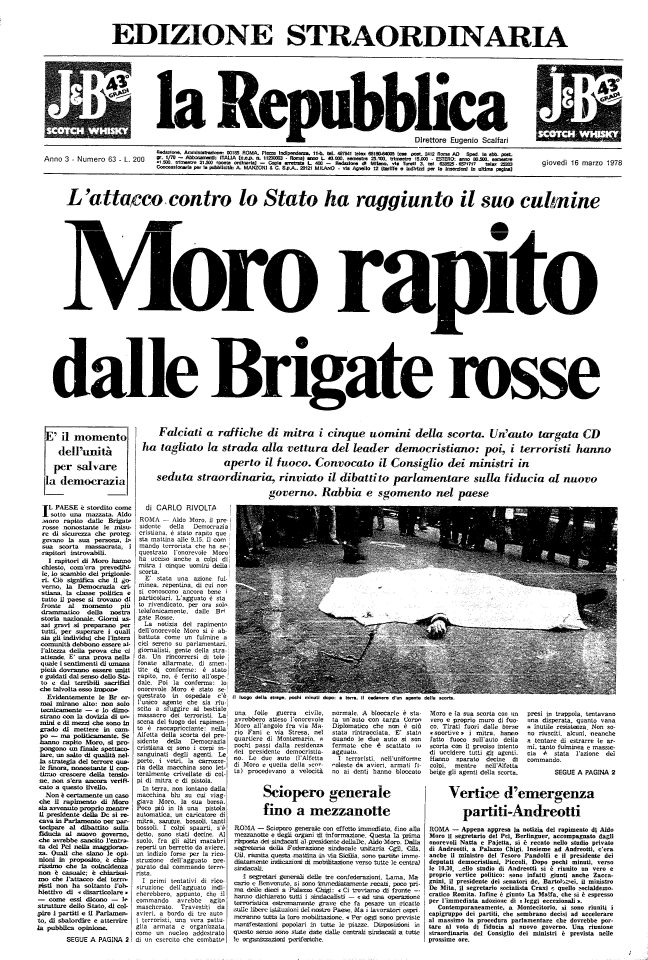 Prima pagina Repubblica, edizione speciale, 16 marzo 1978